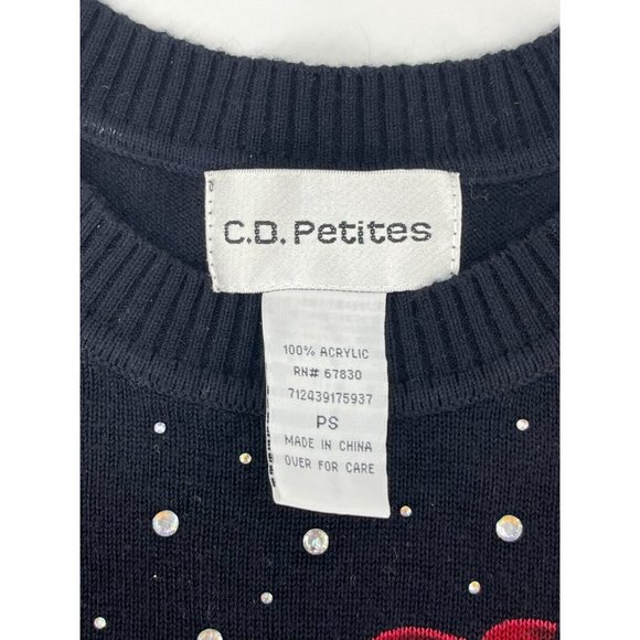 C. D. Petites Women's 3/4 Sleeve Black Rhinestone Roses Knit Sweater Size PS - Picture 5 of 11